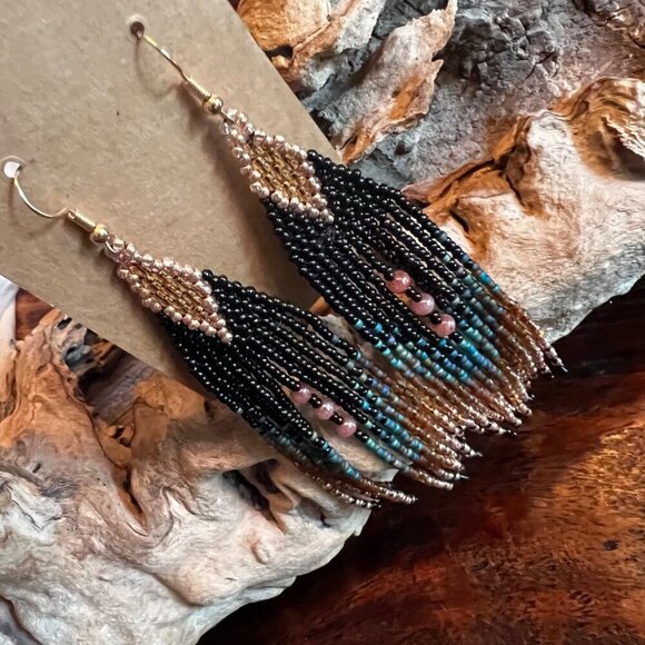 Beaded Fringe Earrings With Black Gold & Teal Glass Beads - Picture 6 of 6